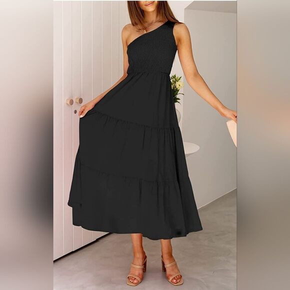 NWT Summer Boho One Shoulder Sleeveless Ruffle Beach Party Tiered Midi Dress - Picture 7 of 9